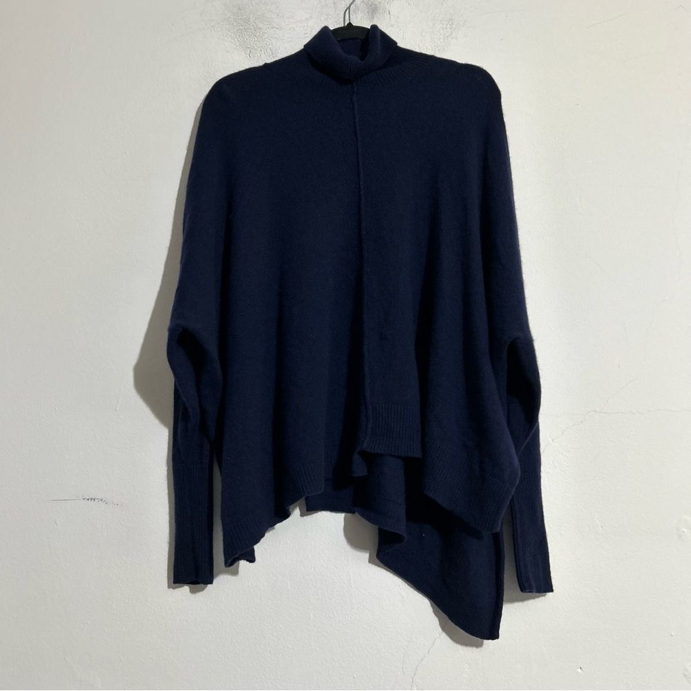 Aqua Cashmere Turtleneck Asymmetrical Sweater Navy M/L Minimal Timeless Classic